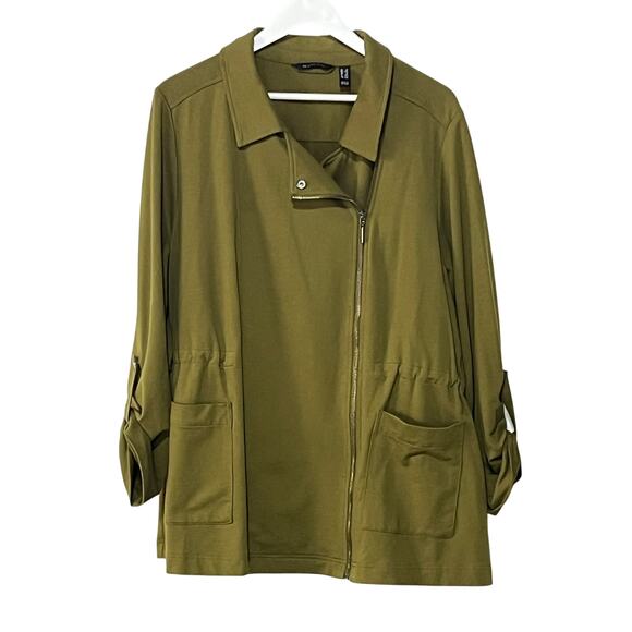 H by Halston Womens Plus Size 1X Knit Cinch Waist Roll Tab Knit Jacket Green - Picture 1 of 13